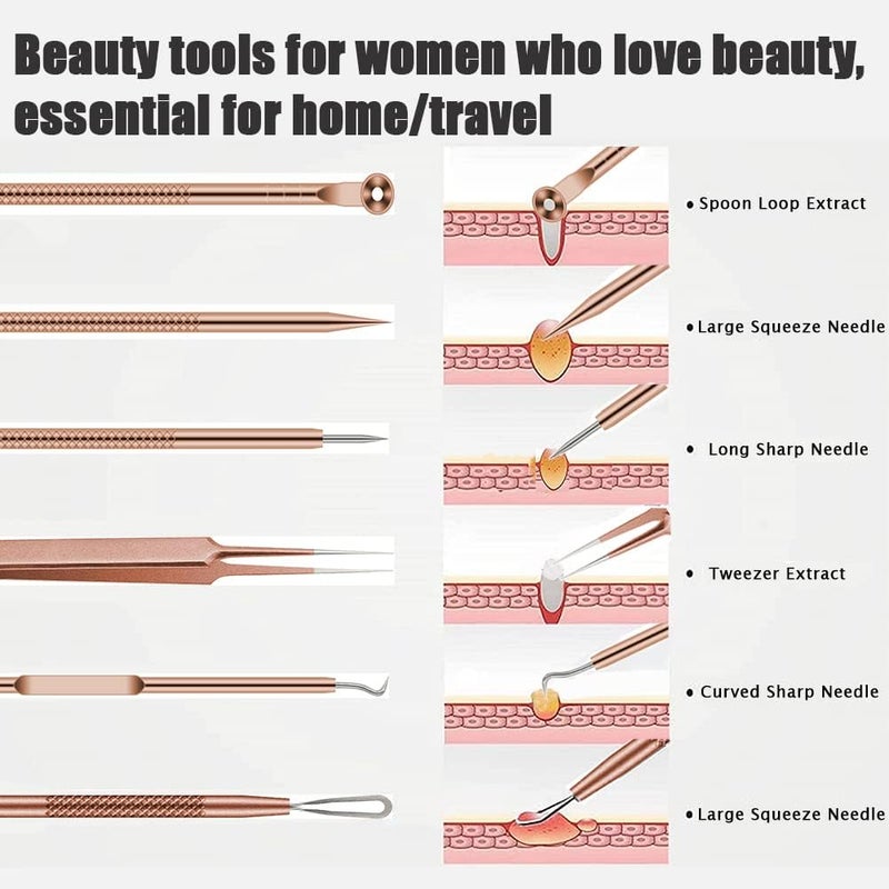 BLAAROOM Pimple Popper Tool Kit, 6 Pcs Blackhead Remover Acne Needle Tools Set Removing Treatment Comedone Whitehead Popping Zit for Nose Face Skin Blemish Extractor Tool - Rose Gold - Image 4